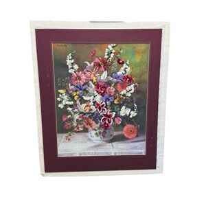 Vintage Embroidered Hand Stitched -Floral Arrangement Picture Not Framed Large